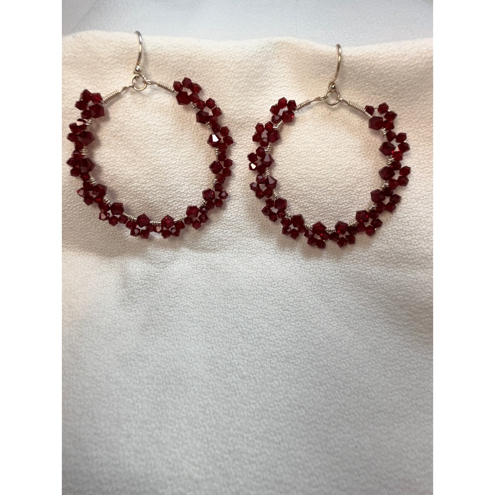 2" Hoop Earrings with Ruby Crystal Beaded Floral Desigh, Silver French Hook NWOT